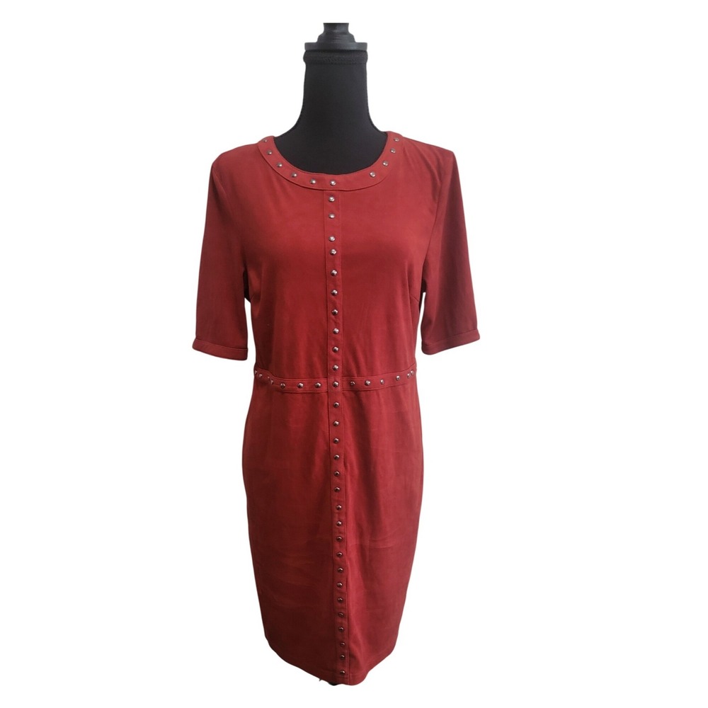 Spense Womens Rust Red Faux Suede Studded Sheath Dress Size 12 Short Sleeve Knee